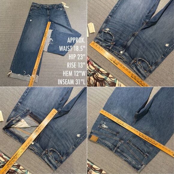 LIKE NEW AE Super High Waisted Baggy Wide Leg Cuffed Jeans Dark Distressed 16 - Picture 12 of 12